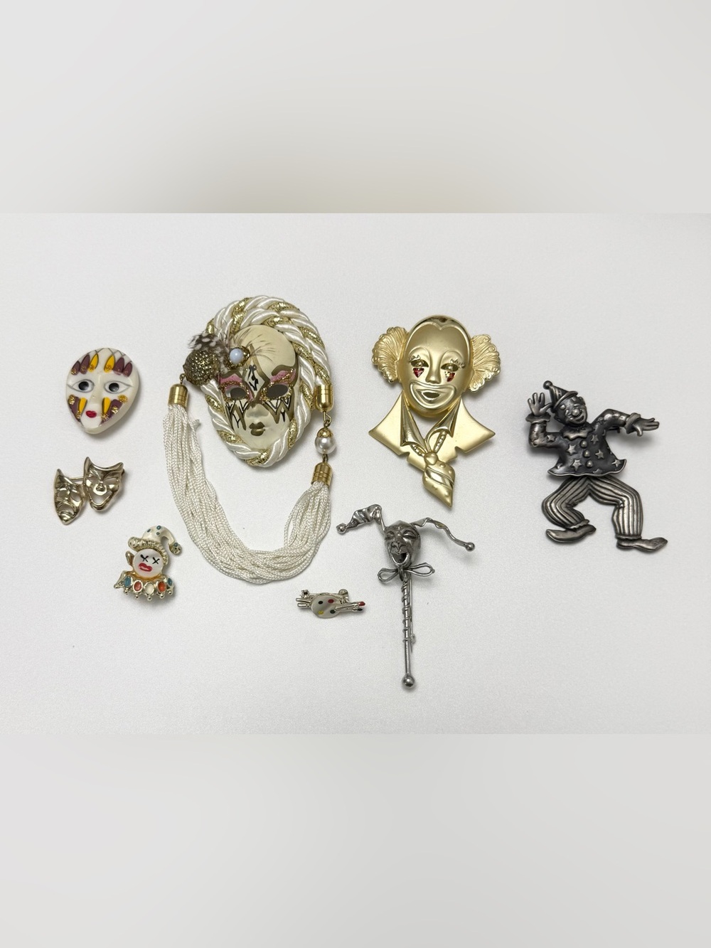Vintage Gold Silver Tone Venetian Mask Clown Face Brooch lot bundle MOP